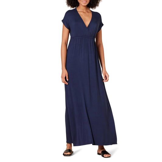 Amazon Essentials Women's V Neck Short Sleeve Waisted Maxi Dress (Available in Plus Size)