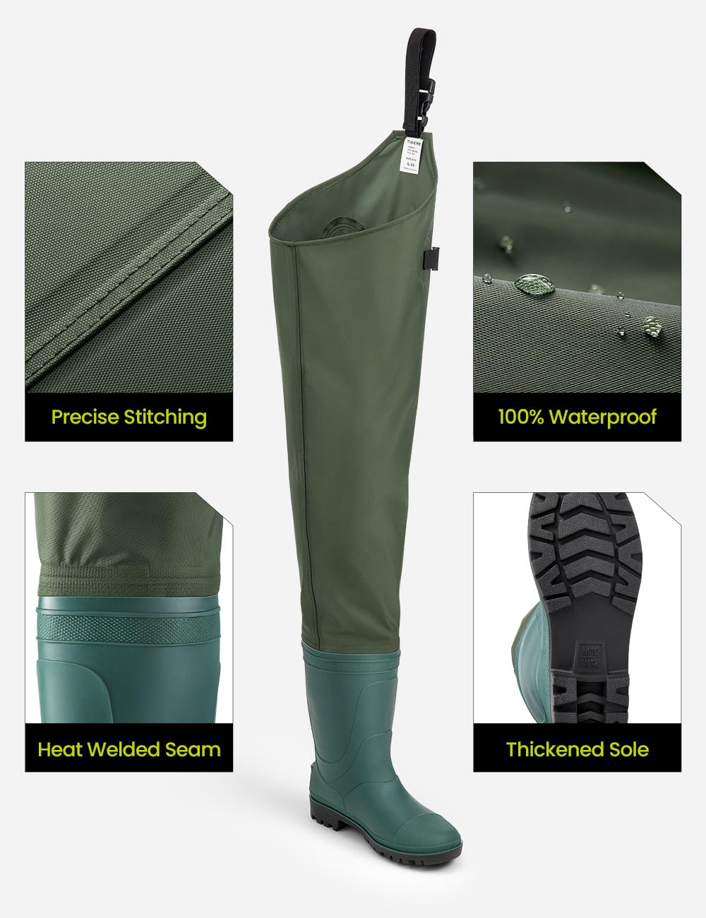 TIDEWE Hip Wader, Lightweight Hip Boot for Men and Women, 2-Ply PVC/Nylon Fishing Hip Wader Green Size 8