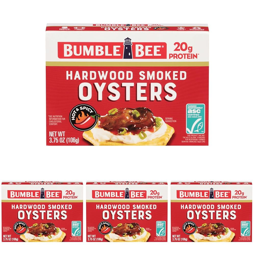 Bumble Bee Hot & Spicy Hardwood Smoked Oysters, 3.75 oz Tin (Pack of 12) - 20g Protein per Serving, Gluten Free, Keto