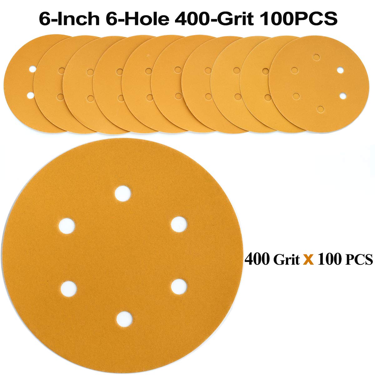 6-Inch 6-Hole Hook and Loop Sanding Discs 600-Grit, Random Orbital Sandpaper for Automotive and Woodworking, 100-Pack
