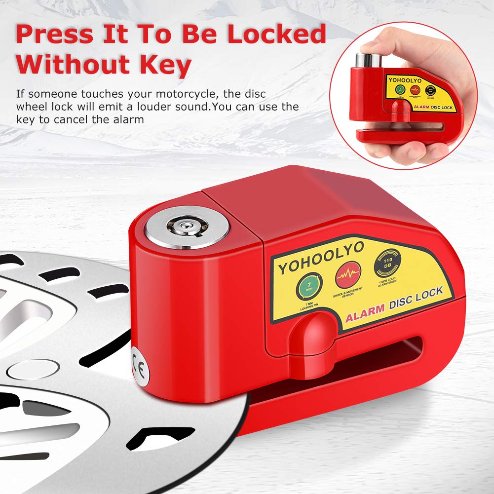 YOHOOLYO Alarm Disc Lock Motorcycle Disc Brake Lock Anti-Theft Waterproof 110 dB 7mm Pin 5ft Reminder Cable for Motorcycles Bike Scooter Carry Pouch (Black)