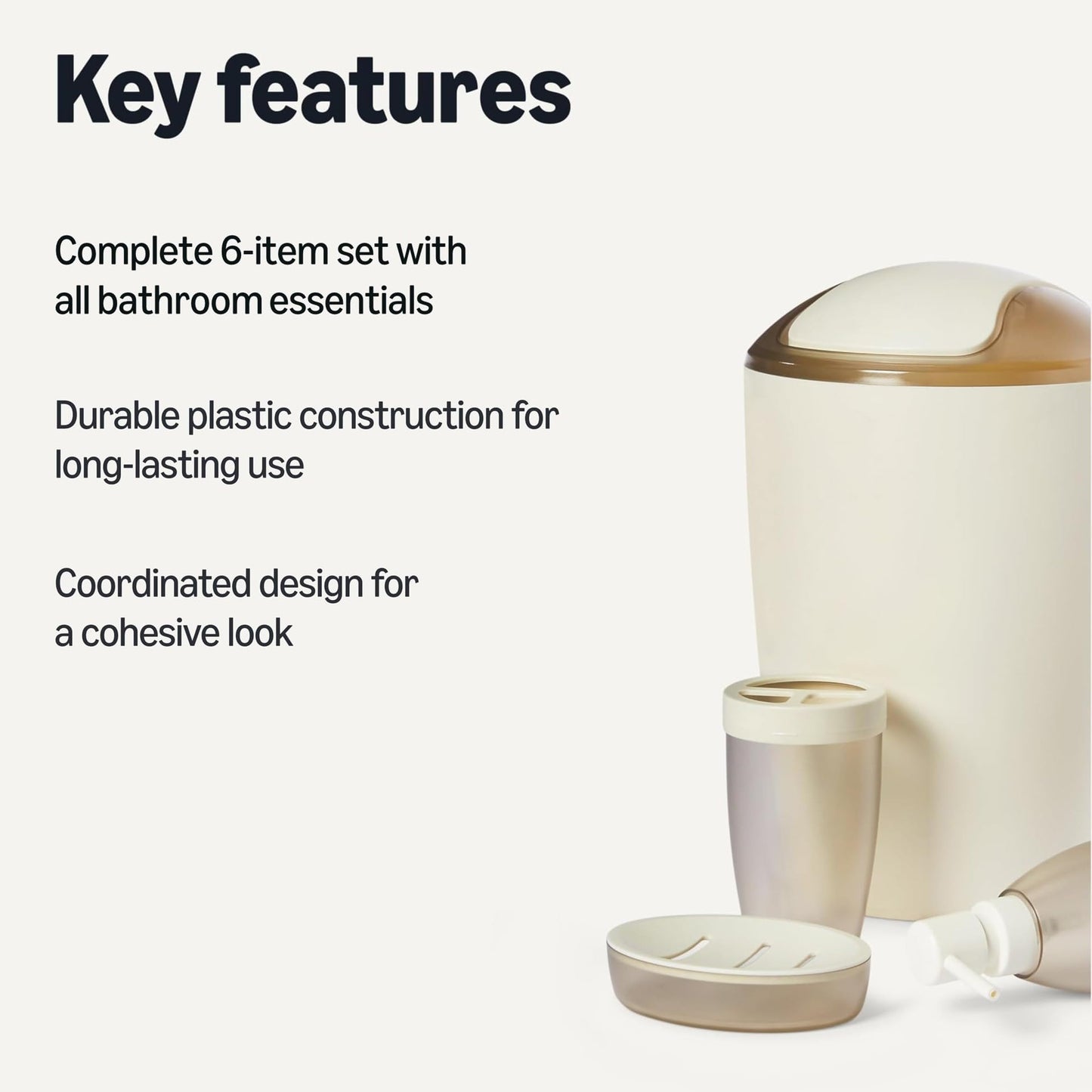 Amazon Basics 6-Piece Bathroom Accessory Set with Toothbrush Holder, Soap Dispenser, Soap Dish, Toothbrush Cup, Trash Can and Toilet Brush & Holder, Ivory