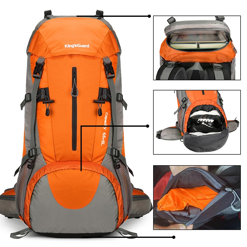 King'sGuard 70L Hiking Backpack with Rain Cover Lightweight Waterproof Travel Camping Backpack Large Backpacking Pack for Men and Women (Orange)