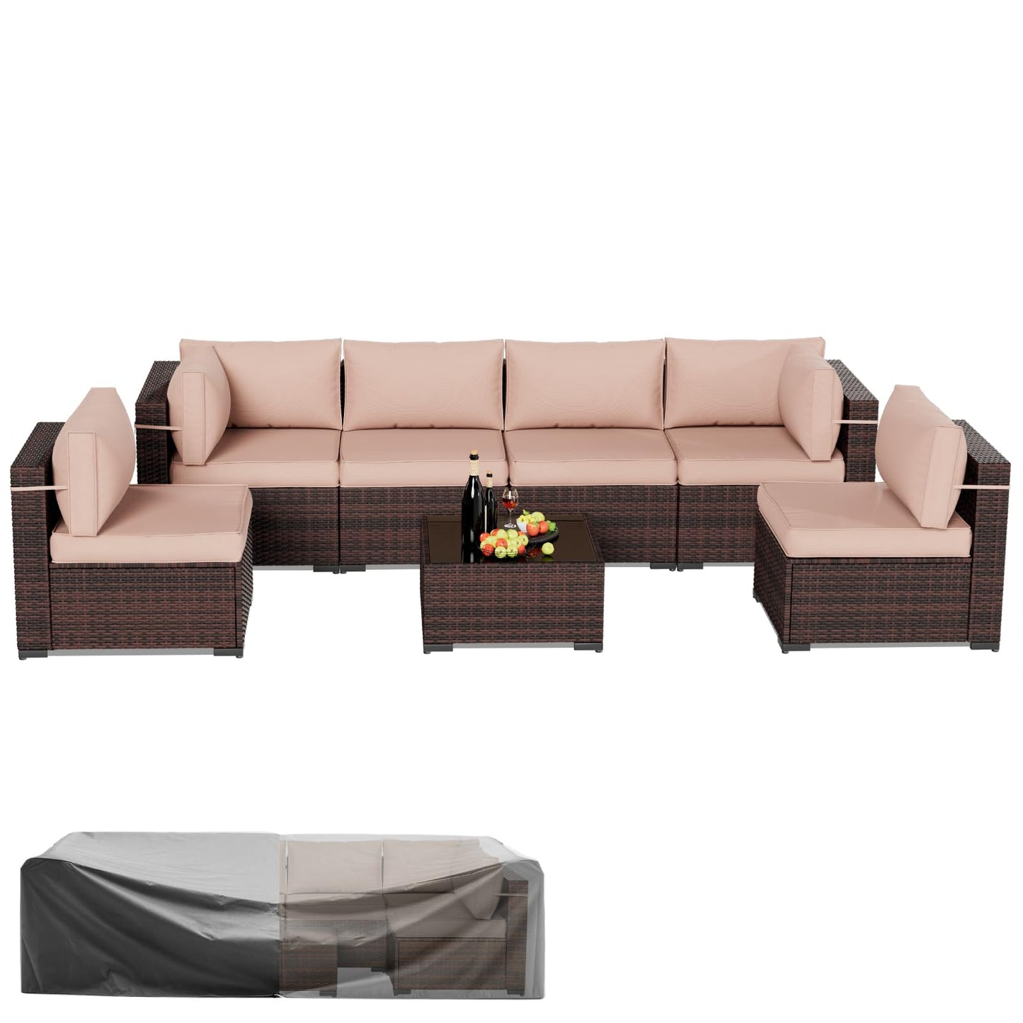 Amopatio Patio Furniture Sets, 7 Pieces Outdoor Rattan Sectional Sofa Set with Glass Table and Cushions, Wicker Patio Conversation Set for Outdoor Indoor Backyard Lawn Garden Porch (Grey)