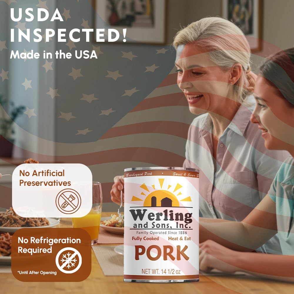 Werling & Sons Canned Pork 14.5 Oz Fully Cooked Ready to Eat Canned Meat Premium Quality Shelf Stable No Refrigeration Needed Perfect for Emergency Storage Camping Survival Canned Food Pack of 12