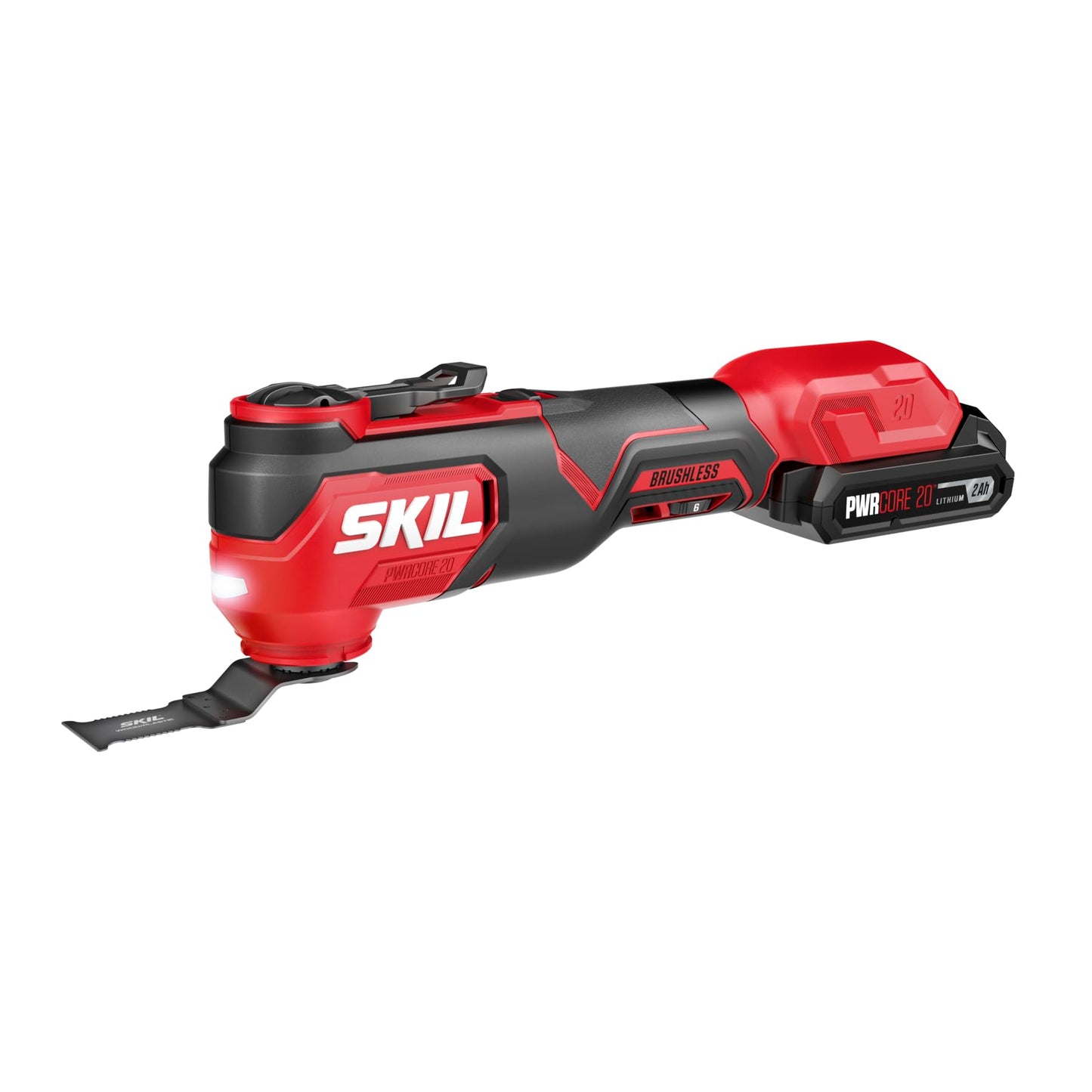 SKIL 20V 4-Tool Combo Kit: 20V Cordless Drill Driver Reciprocating Saw, Circular Saw and Spotlight, Includes Two 2.0Ah PWR CORE Lithium Batteries and One Charger - CB739701,Black, Red