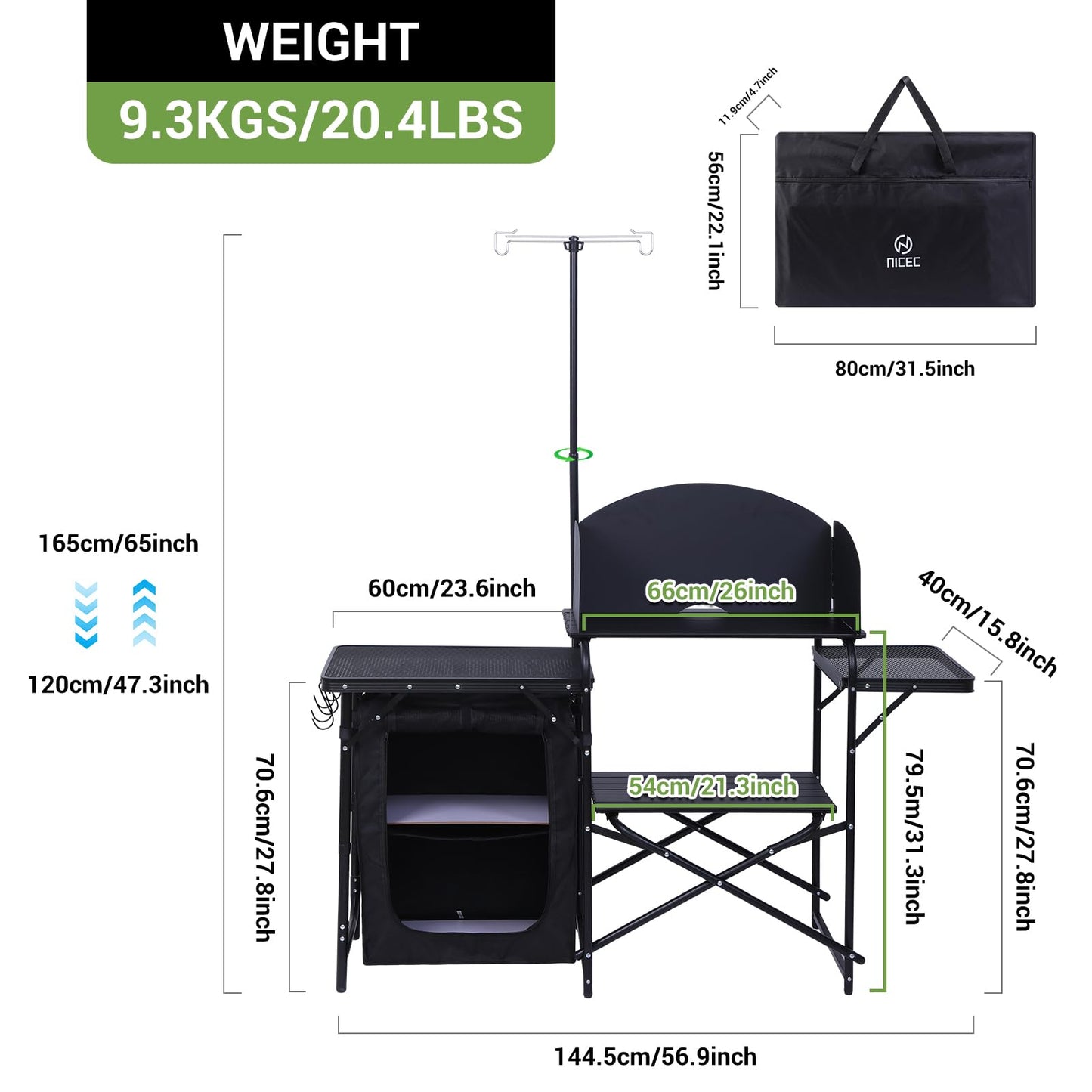 Nice C Camping Kitchen Station, Camping Table, Picnic Table, Grill Table, Folding Table, Upgrade Light Stand and Windshield Cooking Station & Organizers, Carry Bag for Beach, Picnic (Black)