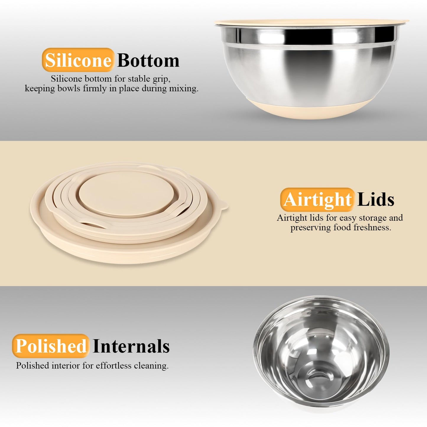 Mixing Bowls with Airtight Lids Set, 20 PCS Kitchen Gadgets Set, 6 Stainless Steel Bowls,3 Grater Attachments,Non-Slip Silicone Bottoms,Great for Serving&Baking,Size 5, 4, 3.5, 2.1, 1.5, 1.1QT (Khaki)