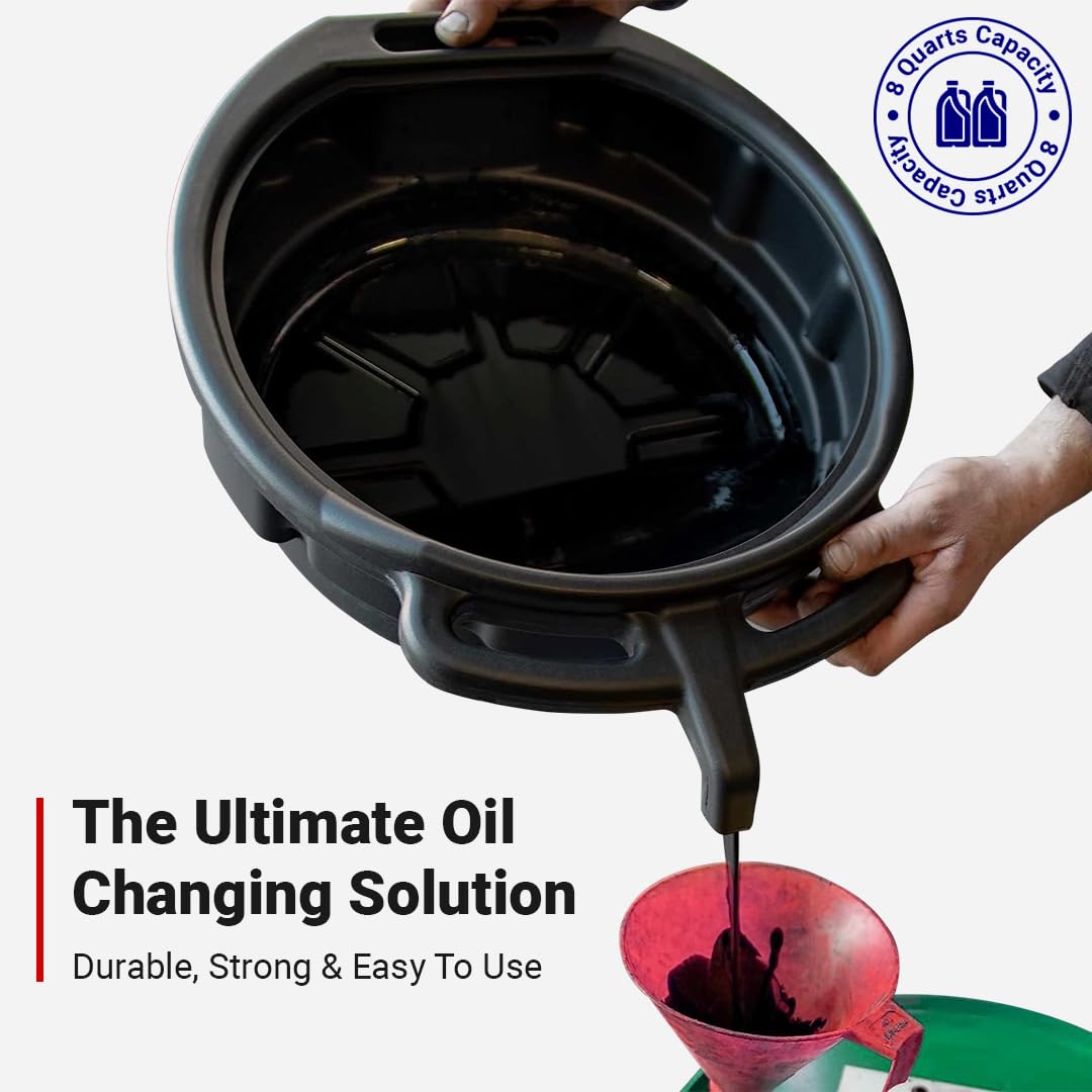 Oil Change Kit - Includes 8-Quart Oil Pan, Longneck Oil Funnel with Removable Filter, and 5 Pack of Shop Towels - Motor Oil Drain pan for Changing Oil - Oil Change Value Kit with by Foxtrot Living