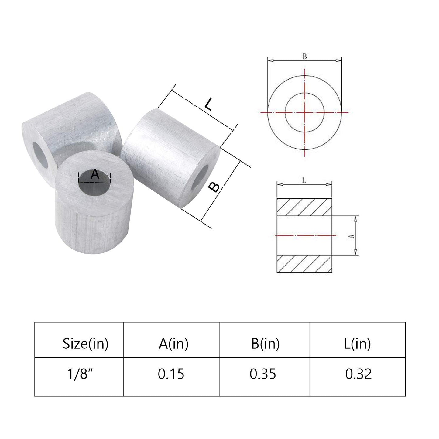 Wire Rope Stop Sleeve, for Wire Rope Dia. 1/16", Aluminum Alloy, PK 100
