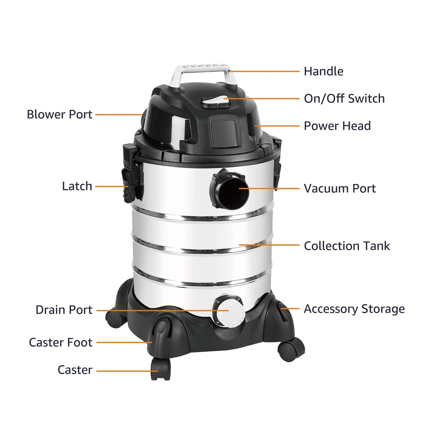 Amazon Basics Wet Dry Shop Vacuum Cleaner, 4 Gallon, 3 HP Stainless Steel, Grey/Black