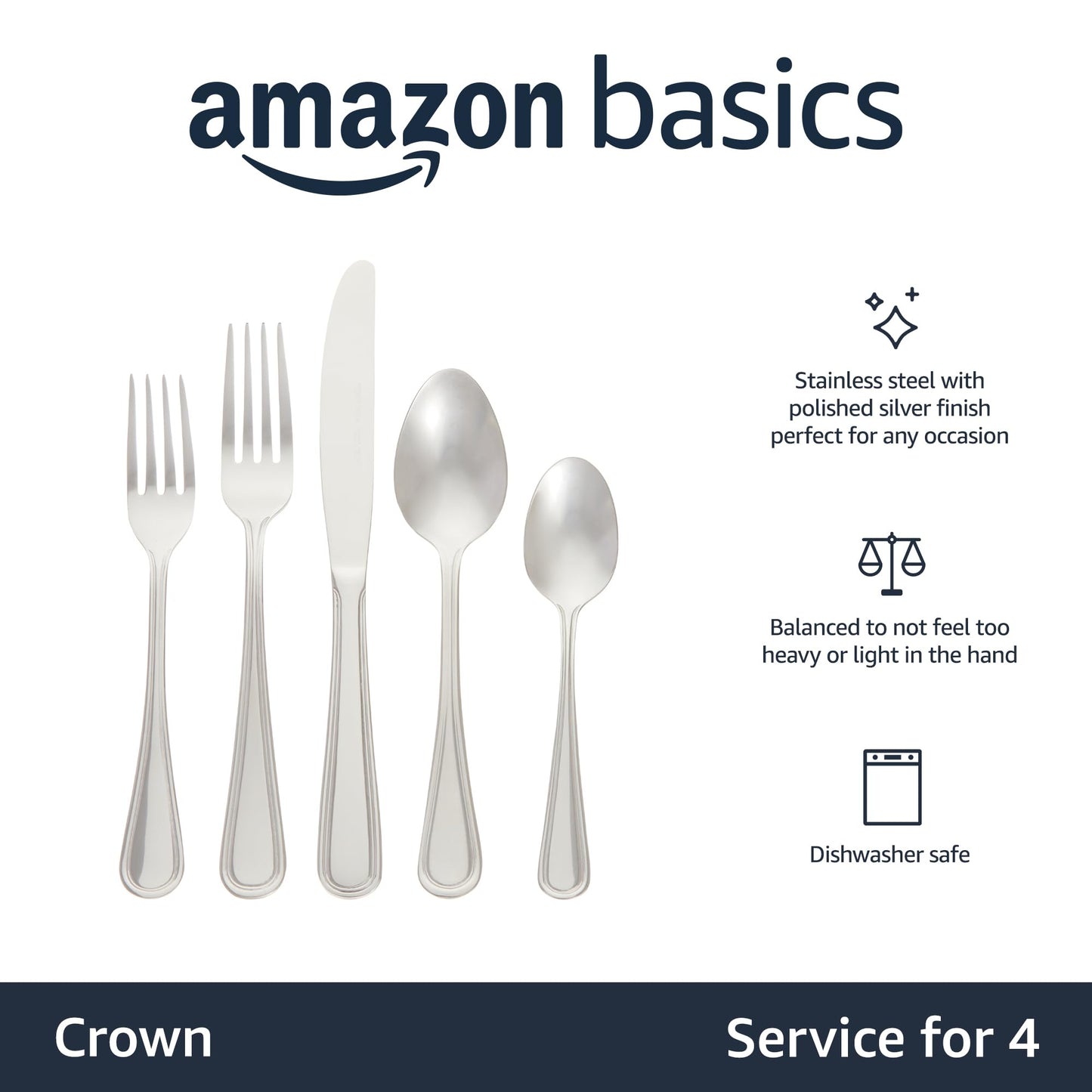 Amazon Basics Silverware Set, Stainless Steel Flatware, Dishwasher Safe, Service for 4, 20-Piece Forks and Spoons, Crown Edge