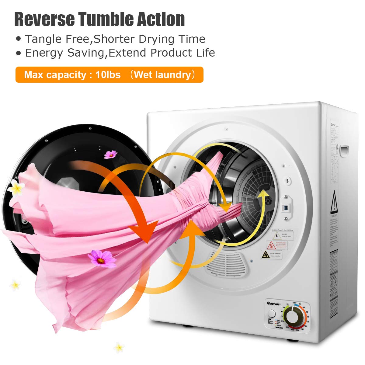COSTWAY GYJ25-78 110V Electric Portable Clothes Stainless Steel Tub Laundry Dryer, for 4 Automatic Drying Mode, White