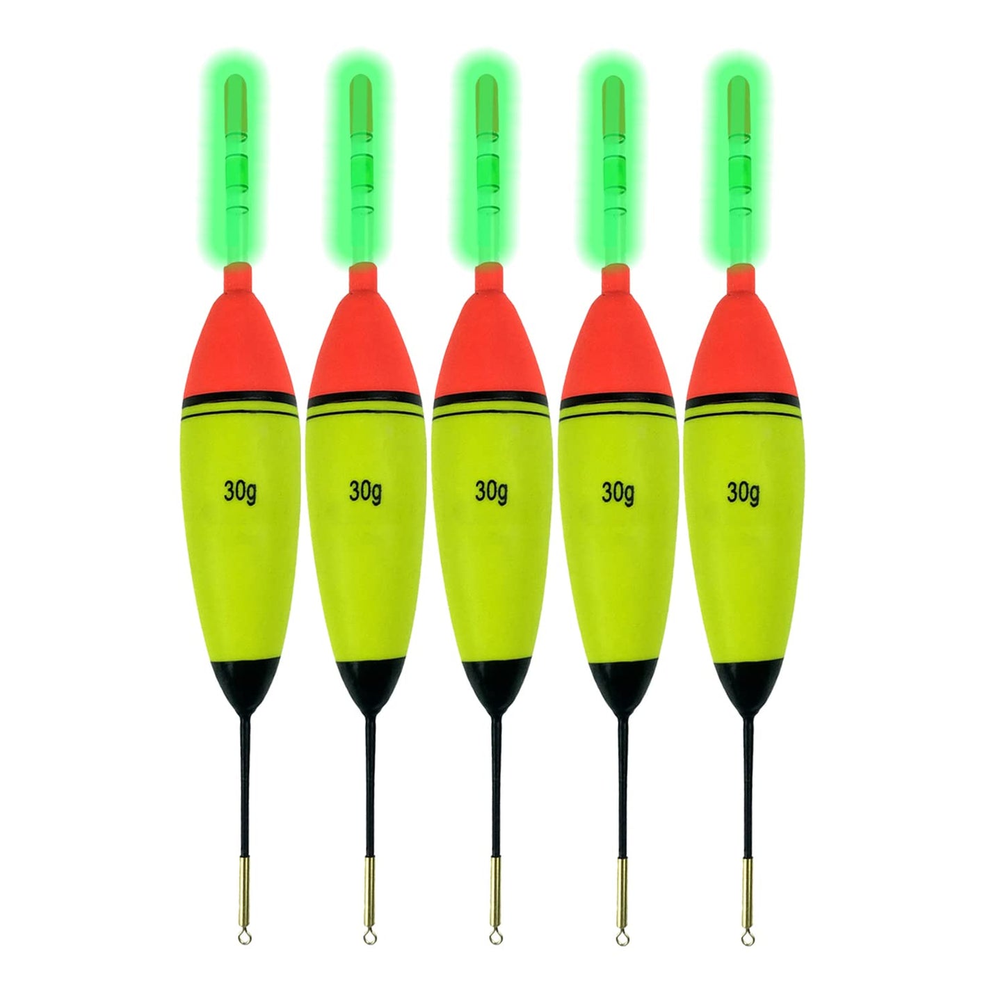 QualyQualy 5Pcs Lighted Fishing Bobbers EVA Foam Fishing Floats and Bobbers + 10Pcs Fishing Glow Sticks, Night Fishing Light Up Bobbers