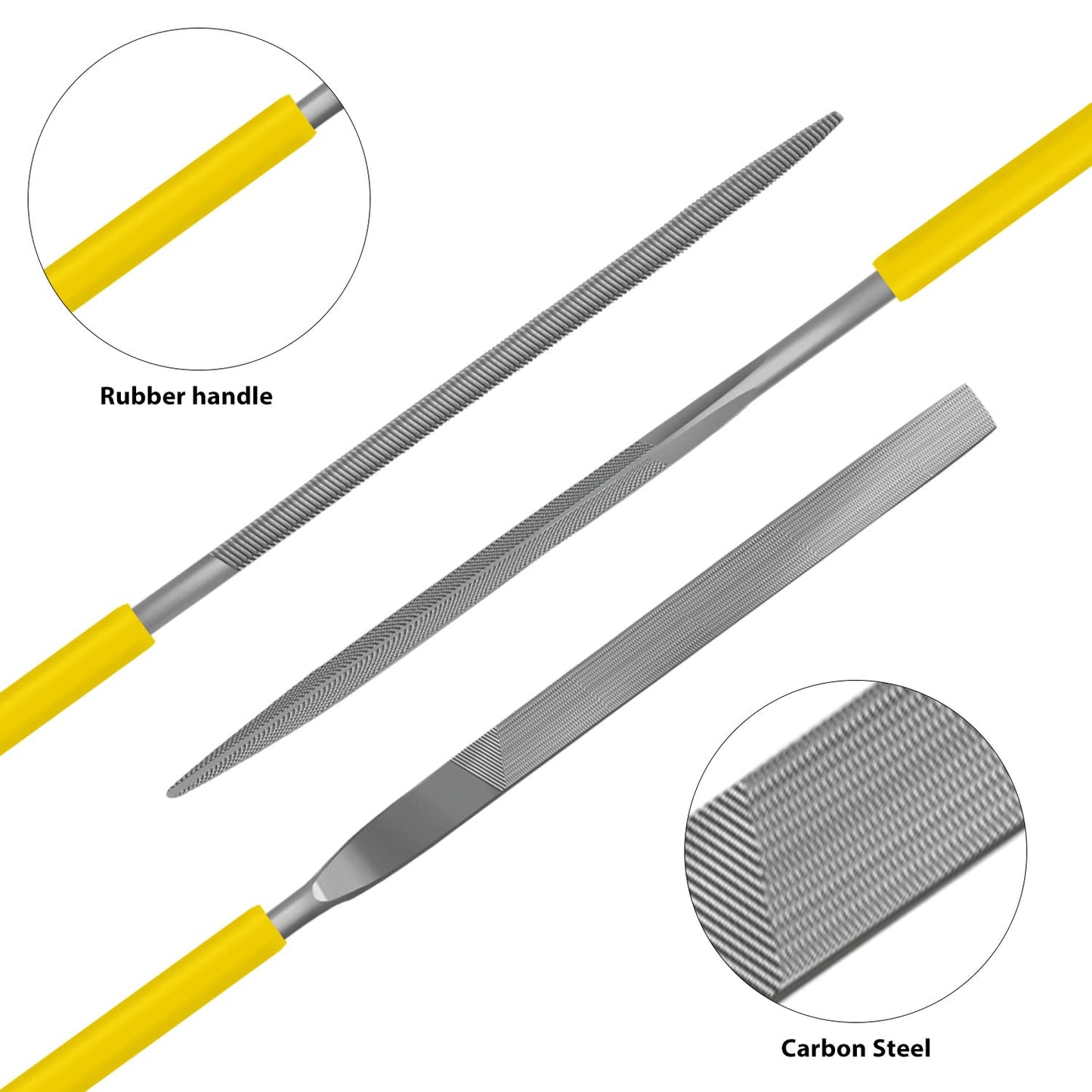 6-Piece Metal Needle File Set - Hardened Alloy Steel Includes Flat, Warding, Square, Triangular, Round, and Half-Round Files