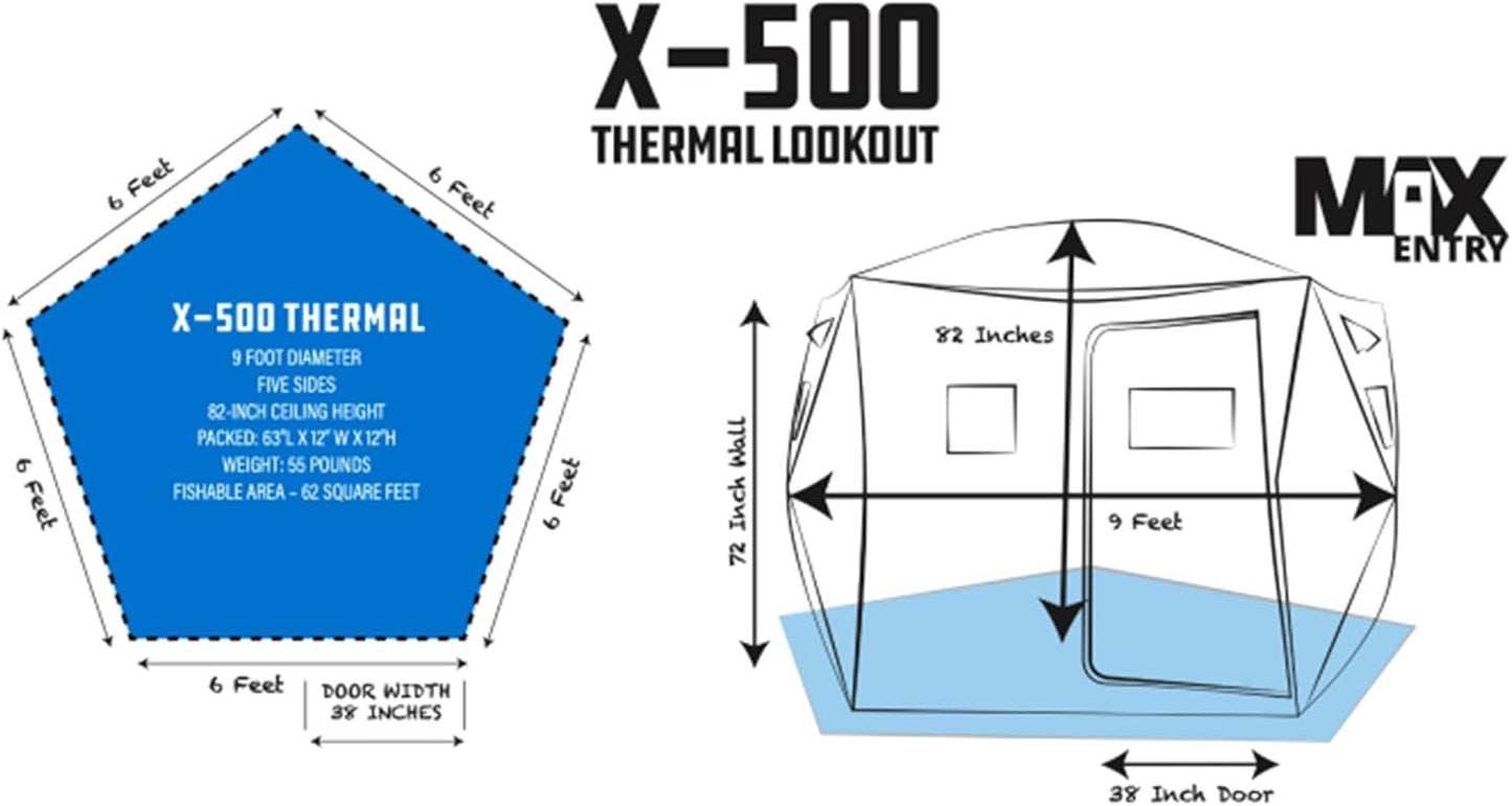 CLAM X500 Insulated 90 Gram Full Thermal Trap 63.5 Square Foot 5 Sided Lookout Outdoor Fishing Hunting Hub Tent Shelter with Flex-Tested Poles