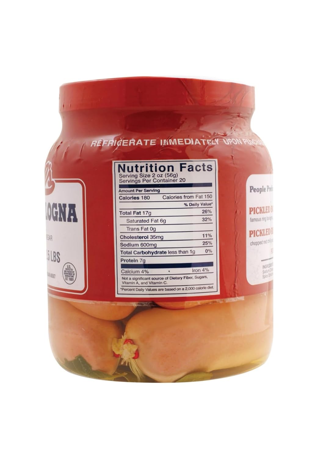 Koegels pickled bologna packed in spiced vinegar, 40-oz plastic jar, refrigerate after opening