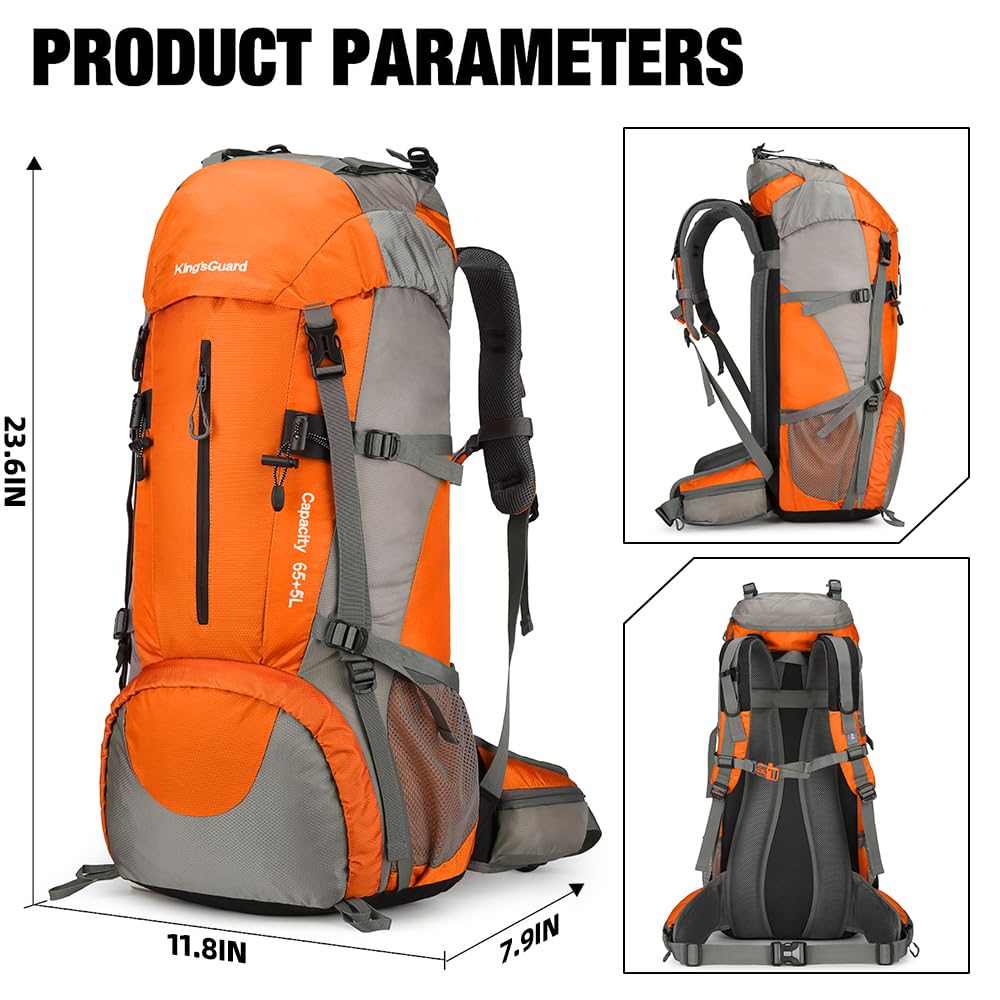 King'sGuard 70L Hiking Backpack with Rain Cover Lightweight Waterproof Travel Camping Backpack Large Backpacking Pack for Men and Women (Orange)