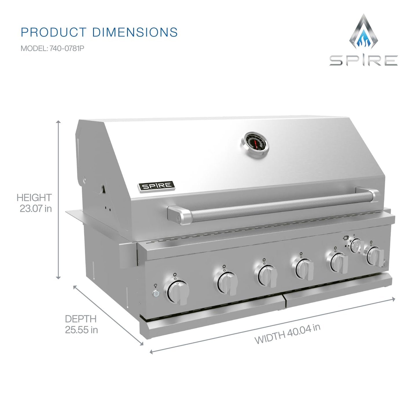Spire Premium 5 Burner Built In Gas Grill Island Head, Stainless Steel 30 Inch Propane Grill with Rear Burner, 63,000 BTUs, 750 SQ In Racks, Dual Fuel Compatibility - 740-0788P