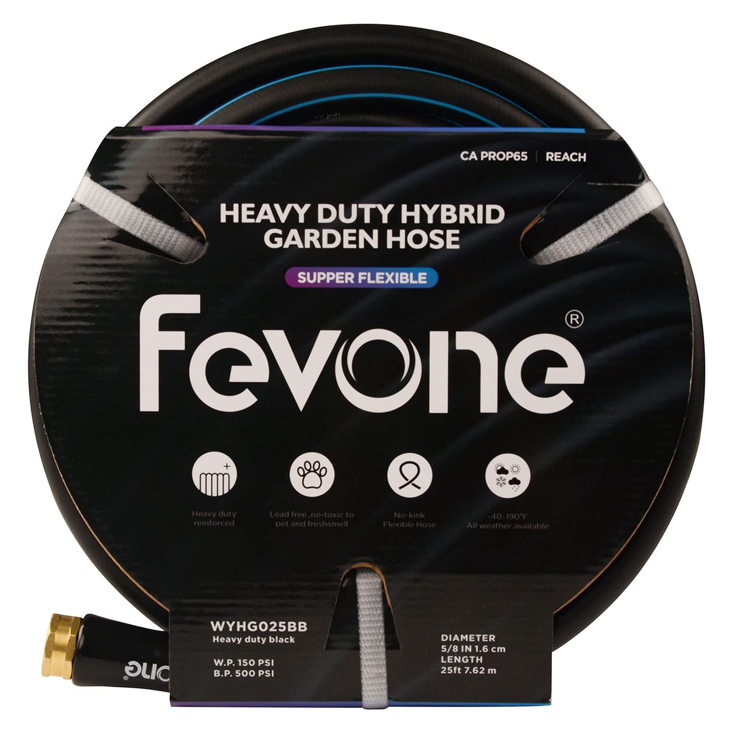 Fevone 50ft Heavy Duty Garden Hose – 5/8" ID, 600 PSI, Hybrid Polymer, Kink-Resistant, Flexible, Durable, 3/4" GHT Solid Brass Fittings