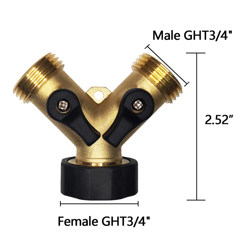 HQMPC Garden Hose Y Valve Hose Splitter Brass Hose Splitter With Stainless Steel Long Handle Brass Y Valve Water Garden Hose Adapter 2 Way Y Valve 3/4" GHT Thread