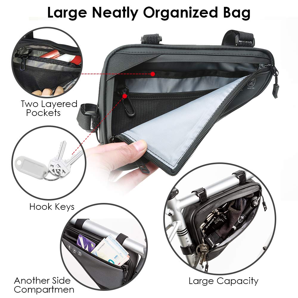 WOTOW Bike Frame Storage Bag, Water Resistant Reflective Bicycle Triangle Bag with Two Side Pockets, Strap-On Under Seat Tool Accessories Pouch for Mountain Road Bike Trip (2L)