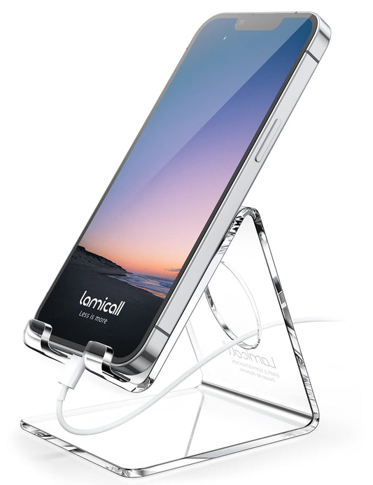 Lamicall Cell Phone Stand, Desk Accessories - Clear Office Cell Phone Holder, Acrylic Phone Stand, Desktop, Acrylic Office Desk Accessories, Office Decor, Suitable for iPhone, 4-8'' Phone