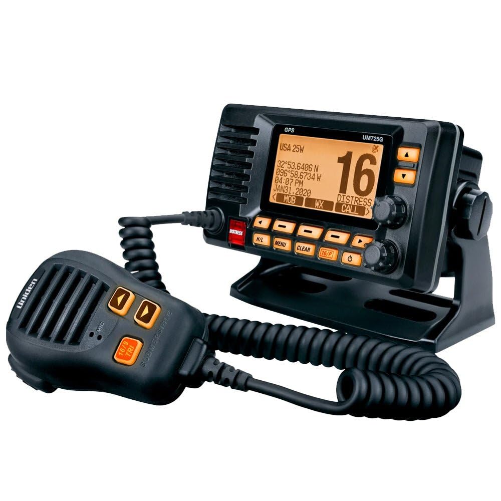 Uniden UM725GBT Marine VHF Radio, All USA, Canada, and Intl. Marine Channels, 1Watt/25Watt Transmit Power, Largest LCD Screen in Class, NOAA Weather Channels, Speaker Mic, GPS Built-in, and Bluetooth
