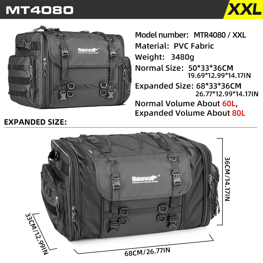 Rhinowalk Motorcycle Tail Bag, Expandable Motorcycle Travel Luggage Bags 60L, Waterproof All-Weather Trunk Rack Bag with Sissy Bar Straps & Helmet Rain Cover – Black