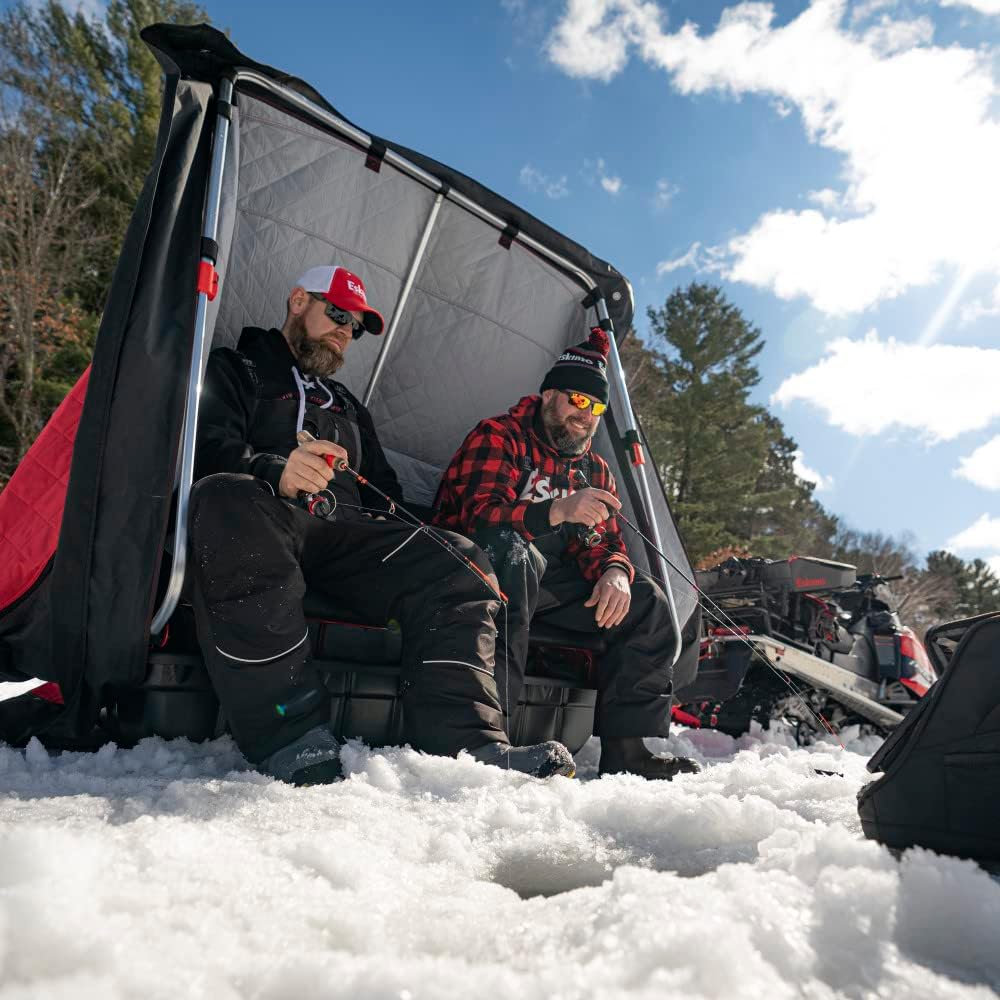 Eskimo Eskape 2400 Insulated 2 Person Ice Fishing Side-Door Sled Shelter with 60-Inch Sled and TearTuff Bench Seat Seats, Red/Black