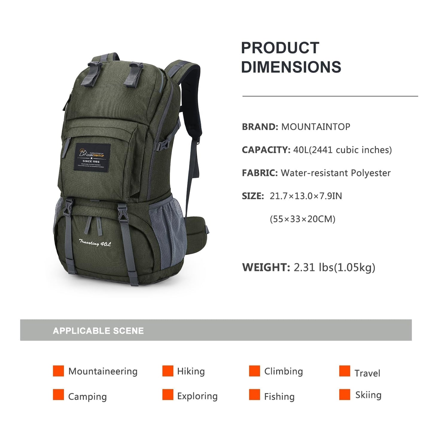 MOUNTAINTOP 40L Hiking Backpack Lightweight Travel Backpack for Men&Women Outdoor Camping Backpacking