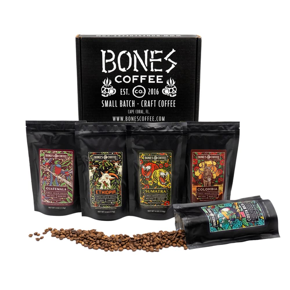 Bones Coffee Company World Tour Coffee Gift Set, 5 Packs Flavored Coffee, Medium Roast Low Acid, 4 Oz Ground