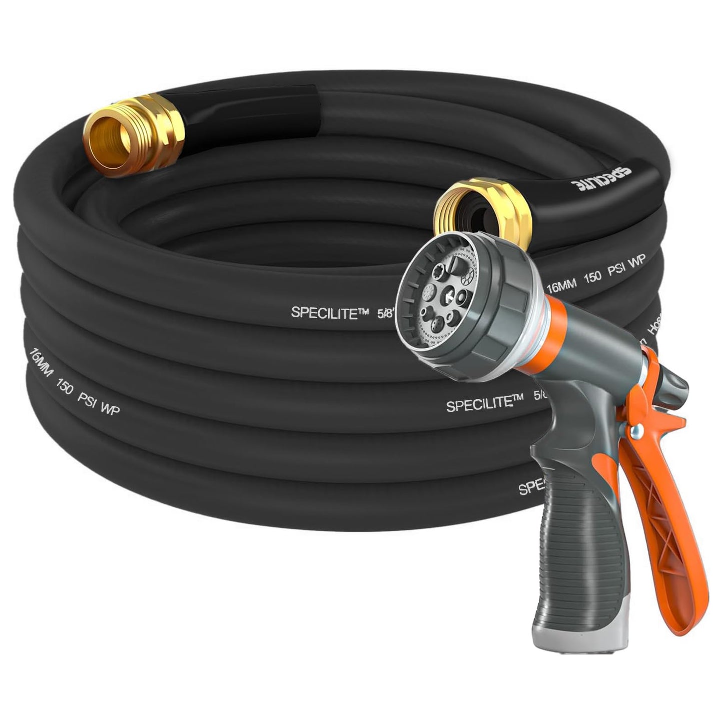 Garden Hose 50 ft x 5/8 in Heavy Duty, Flexible and Lightweight Water Hose, Burst 600 psi, Kink-less Hybrid Rubber Hose for Backyard, 3/4'' Brass Fittings