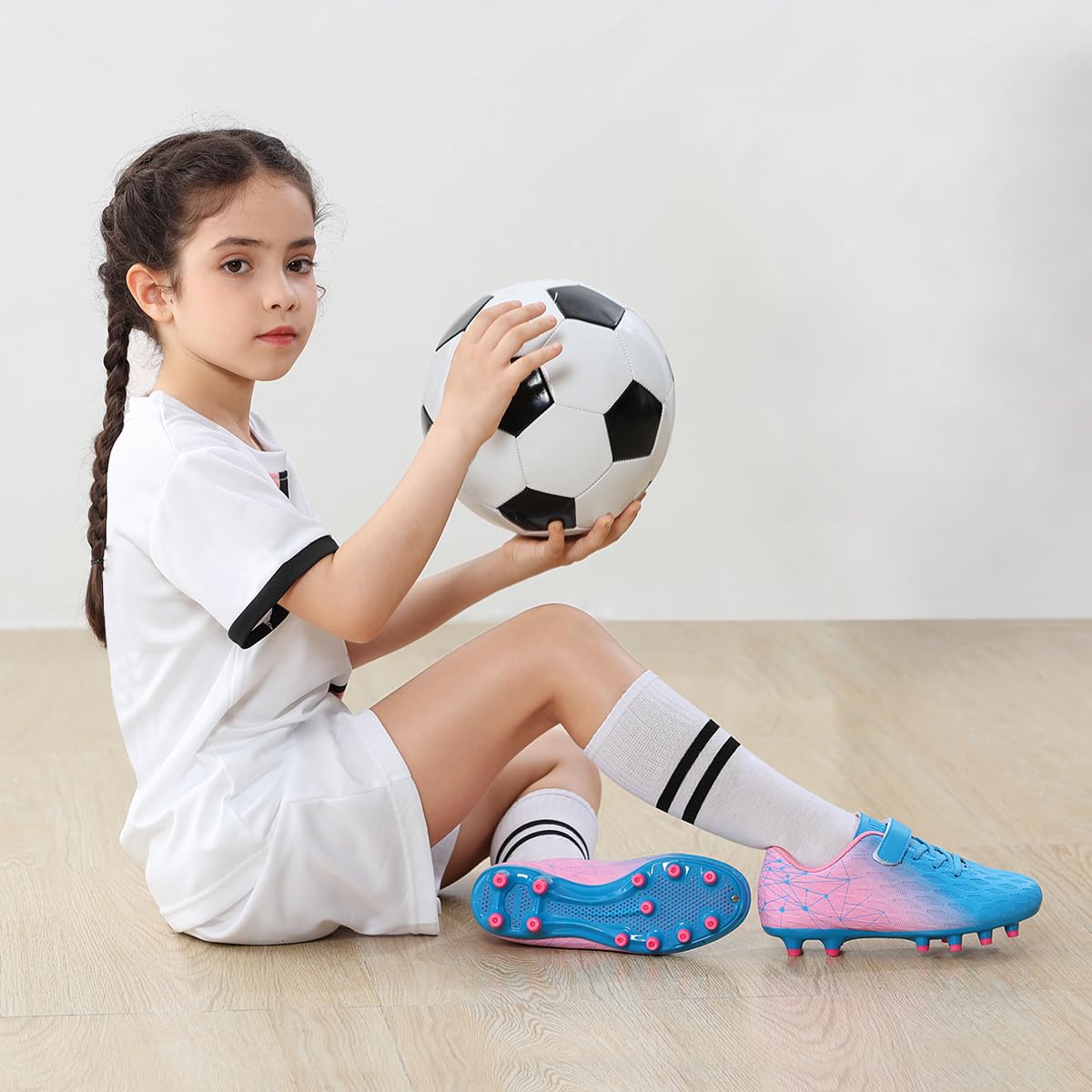 brooman Kids Firm Ground Soccer Cleats Boys Girls Athletic Outdoor Football Shoes (8,Blue Pink)