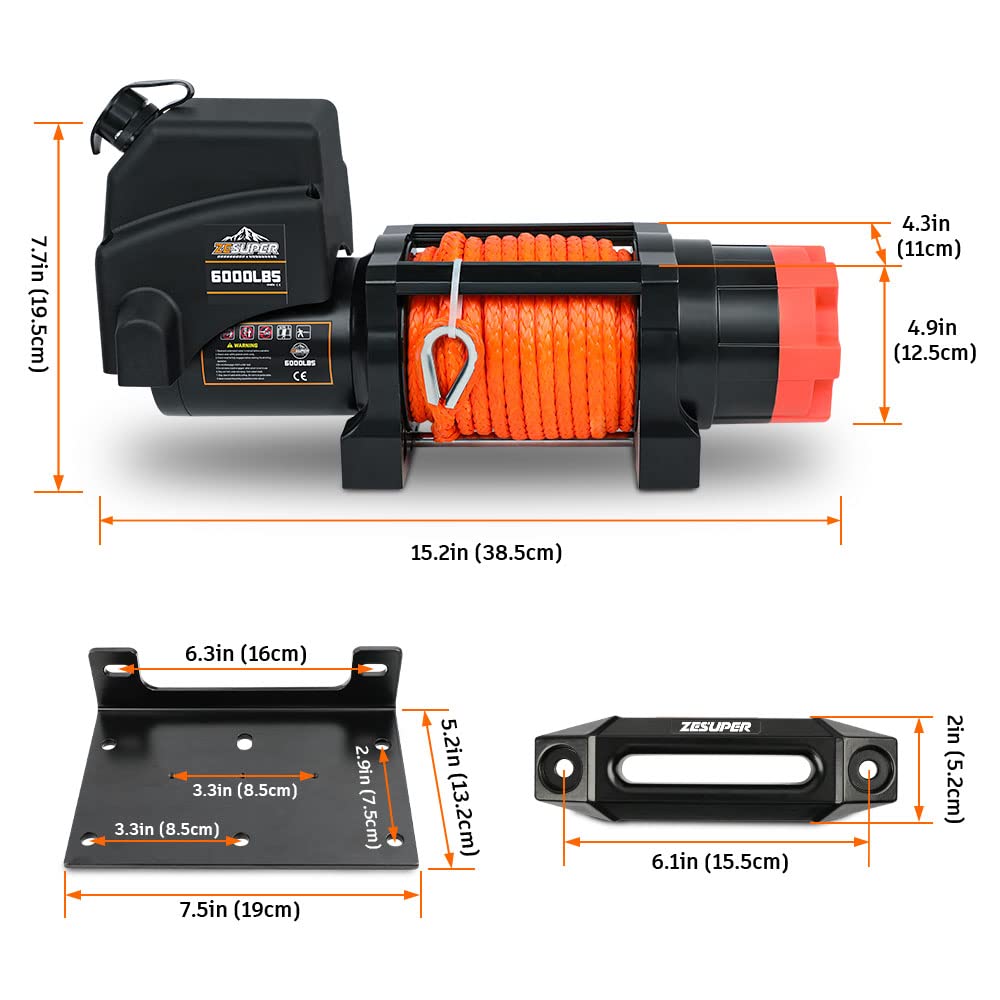 ZESUPER 3000 lb Electric Winch for ATV UTV Trailer Boat Synthetic Rope Winch 12V DC Off Road Towing Winches with Wireless Remote Mounting Bracket