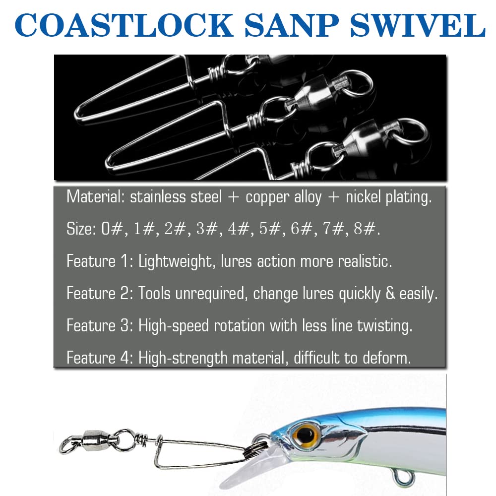 AMYSPORTS High Strength Fishing Snap Swivels Ball Bearing Swivels Stainless Fishing Swivels Saltwater Corrosion Resistance Barrel Swivel for Freshwater Fishing