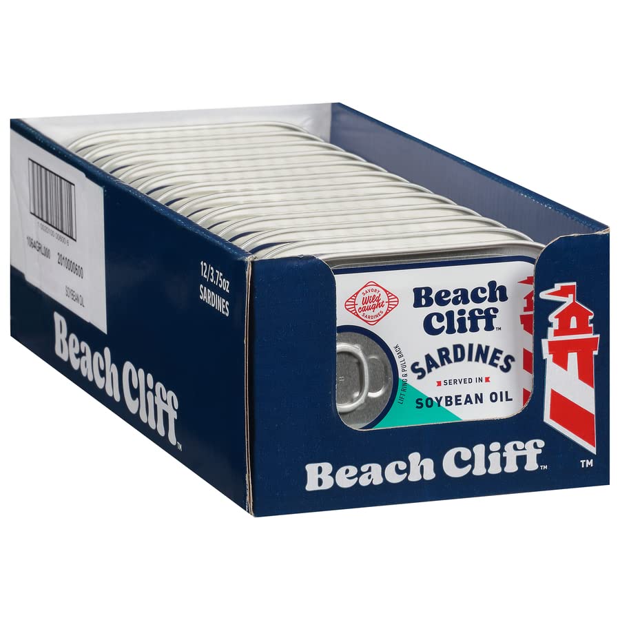 Beach Cliff Sardines in Water, 3.75 oz Can (Pack of 12) - Wild Caught Sardines - 12g Protein per Serving - Gluten Free, Keto Friendly