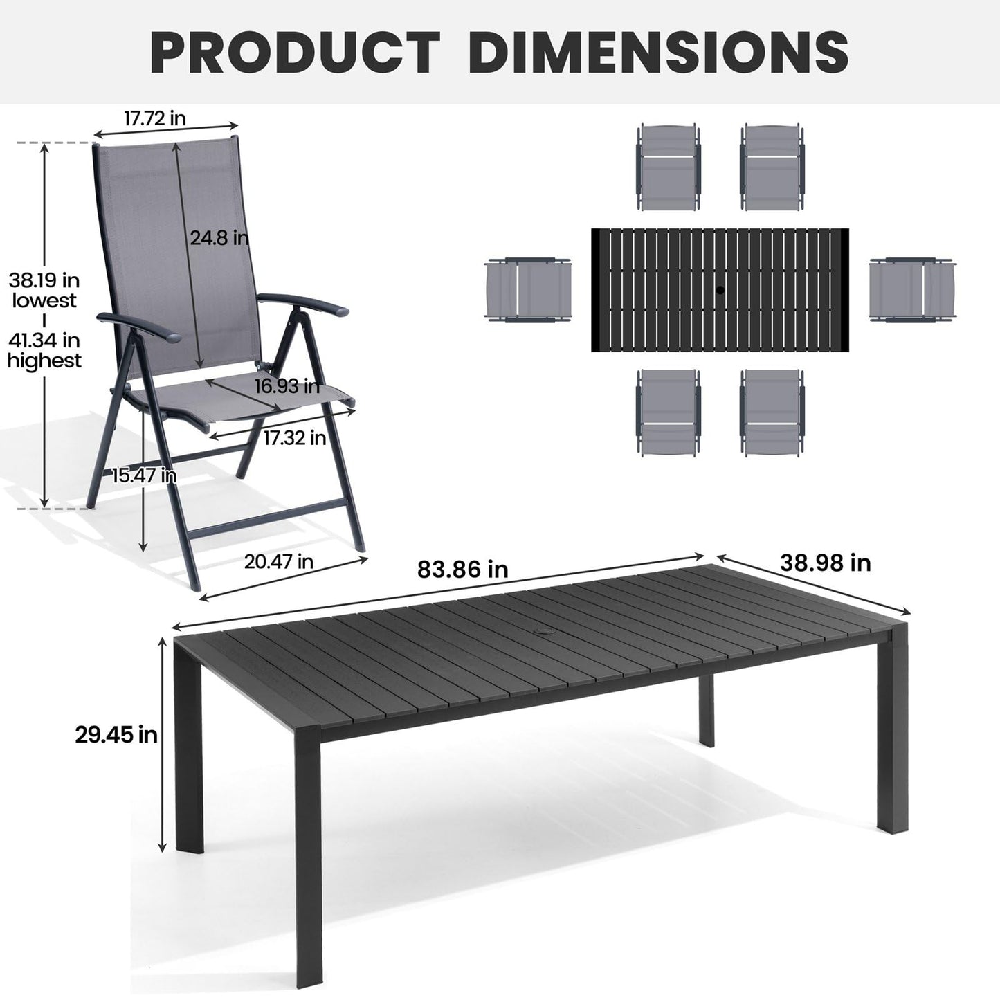 Crestlive Products 7 Pieces Patio Dining Set for 6, Outdoor Table and Folding Dining Chairs 70in Rectangle Aluminum Table with Umbrella Hole Foldable Adjustable High Back Patio Chairs, Grey