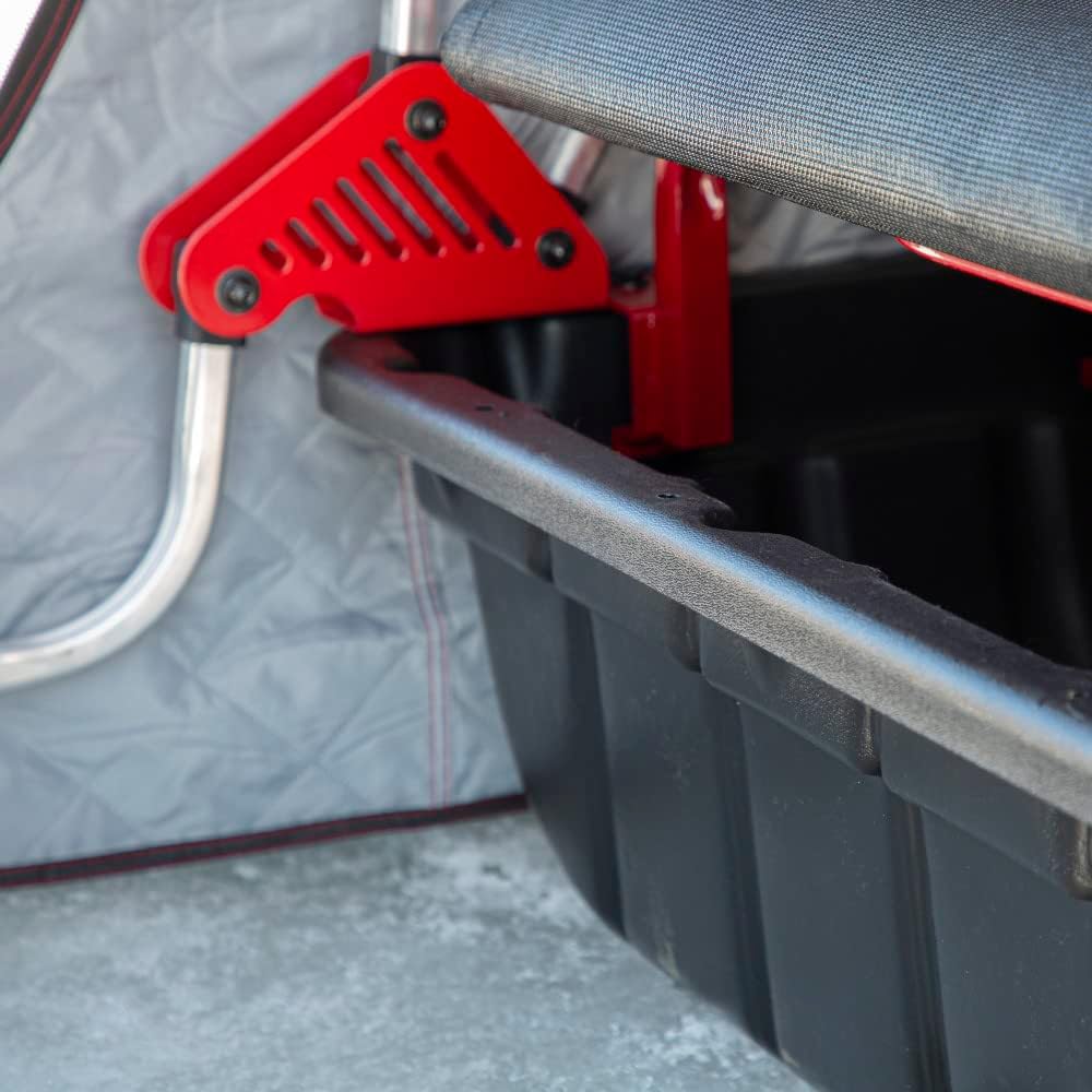 Eskimo Eskape 2400 Insulated 2 Person Ice Fishing Side-Door Sled Shelter with 60-Inch Sled and TearTuff Bench Seat Seats, Red/Black