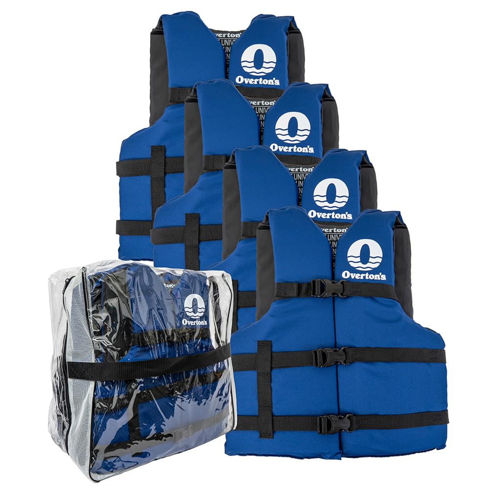 Overton's Universal Adult Life Jacket - Pack of 4, Nylon Shell with Closed-Cell Foam, Open Sides and Sturdy Belts, USCG Approved Type III, Fits Chest Sizes 30" to 52", Includes Zippered Storage Bag
