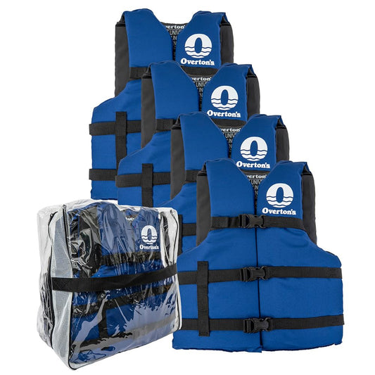 Overton's Universal Adult Life Jacket - Pack of 4, Nylon Shell with Closed-Cell Foam, Open Sides and Sturdy Belts, USCG Approved Type III, Fits Chest Sizes 30" to 52", Includes Zippered Storage Bag