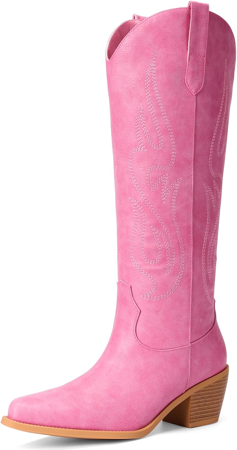 Pasuot Western Cowboy Boots for Women - Knee High Wide Calf Cowgirl Boots with Classic Embroidered, Slip On Pointed Toe Chunky Heel Fashion Retro Classic Pull On Tall Boot for Girls Ladies Fall Winter
