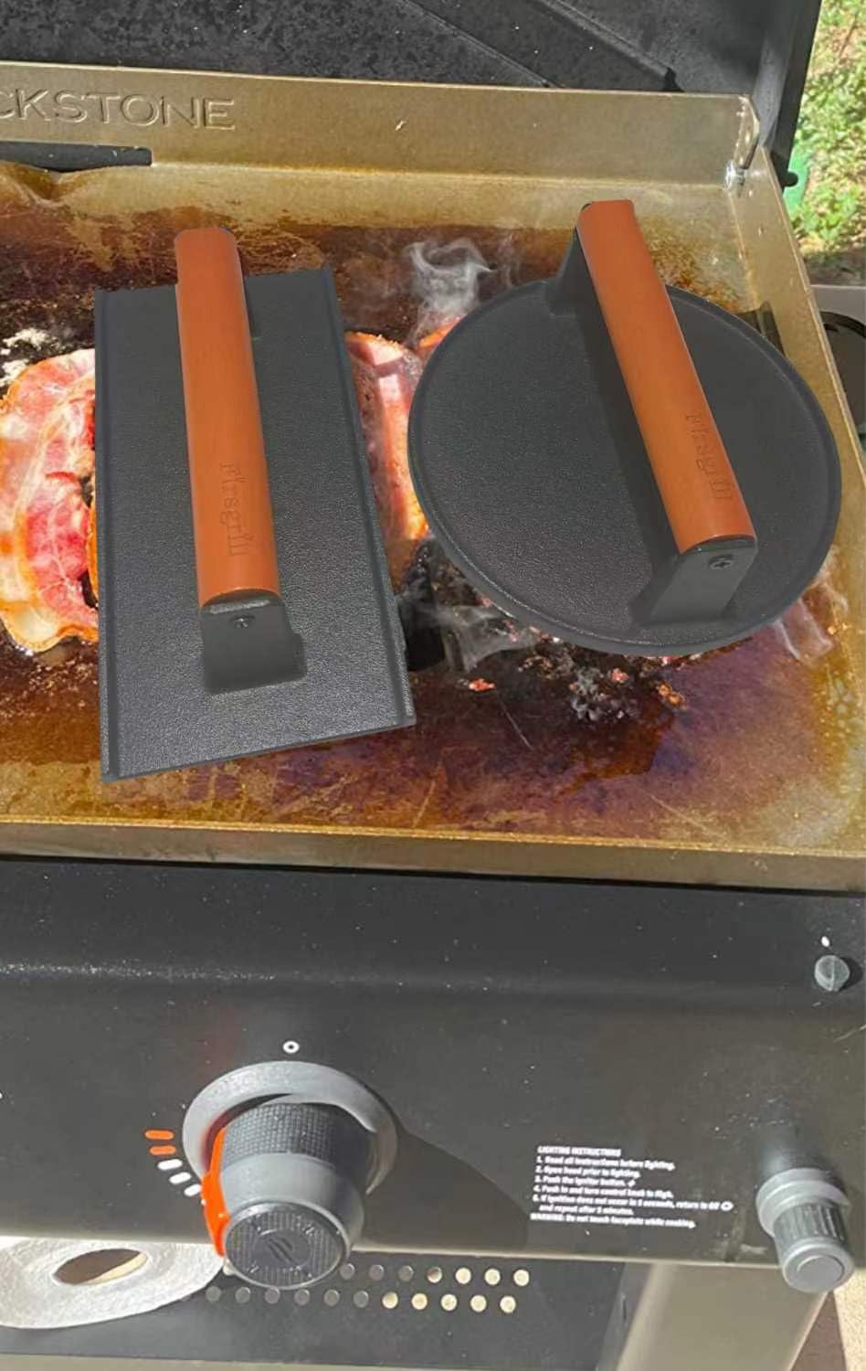 Burger Press 7.08" Round & 8.3”X4.3”Rectangle Heavy-Duty Cast Iron Smash Meat Steak With Wood Handle for Blackstone Camp chef Pitboss Weber Treager Griddle Grills (Round & Rectangle)