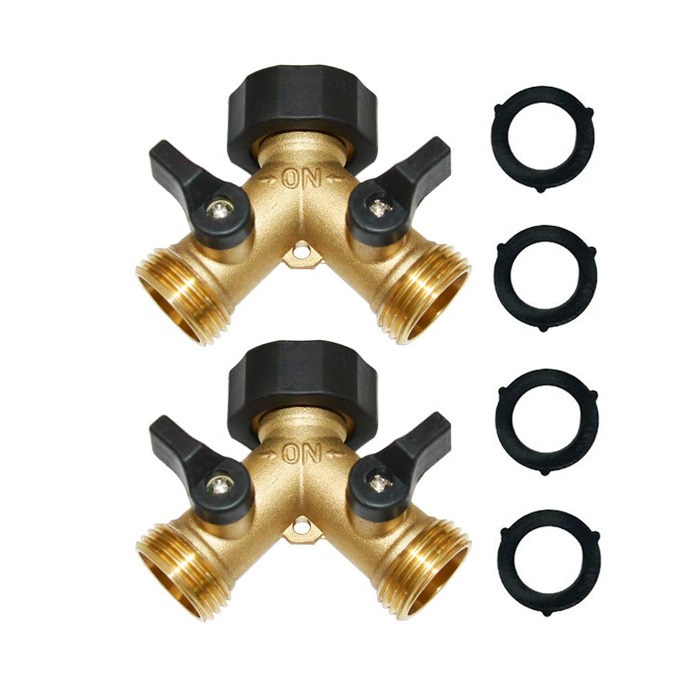 HQMPC Garden Hose Y Valve Hose Splitter Brass Hose Splitter With Stainless Steel Long Handle Brass Y Valve Water Garden Hose Adapter 2 Way Y Valve 3/4" GHT Thread