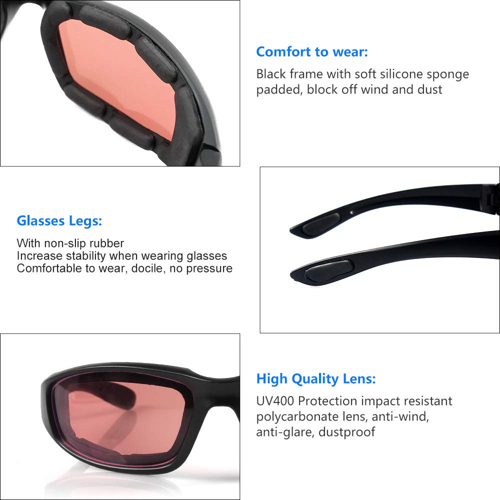3 Pair Motorcycle Riding Glasses Padding Goggles UV Protection Dustproof Windproof Motorcycle Sunglasses for Outdoor Actives