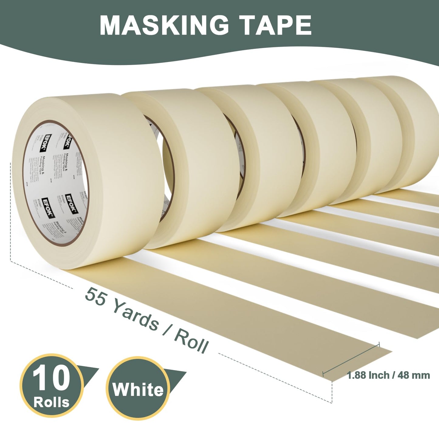 10 Pack Masking Tape 2 Inch Wide Bulk, 2025 Upgrade White Painters Tape Anti-UV General Purpose, 1.88 Inch × 55 Yards Total 550 Yards