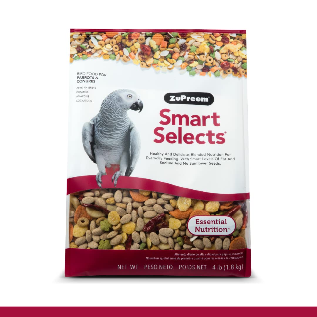 ZuPreem Smart Selects Bird Food, Daily Nutrition for Parrots, Conures, Caiques, African Greys, Eclectus, Small Cockatoos, Bird Feed Pellets & Seed Blend, Parrot Food, (Medium/Large, 4 lb bag)