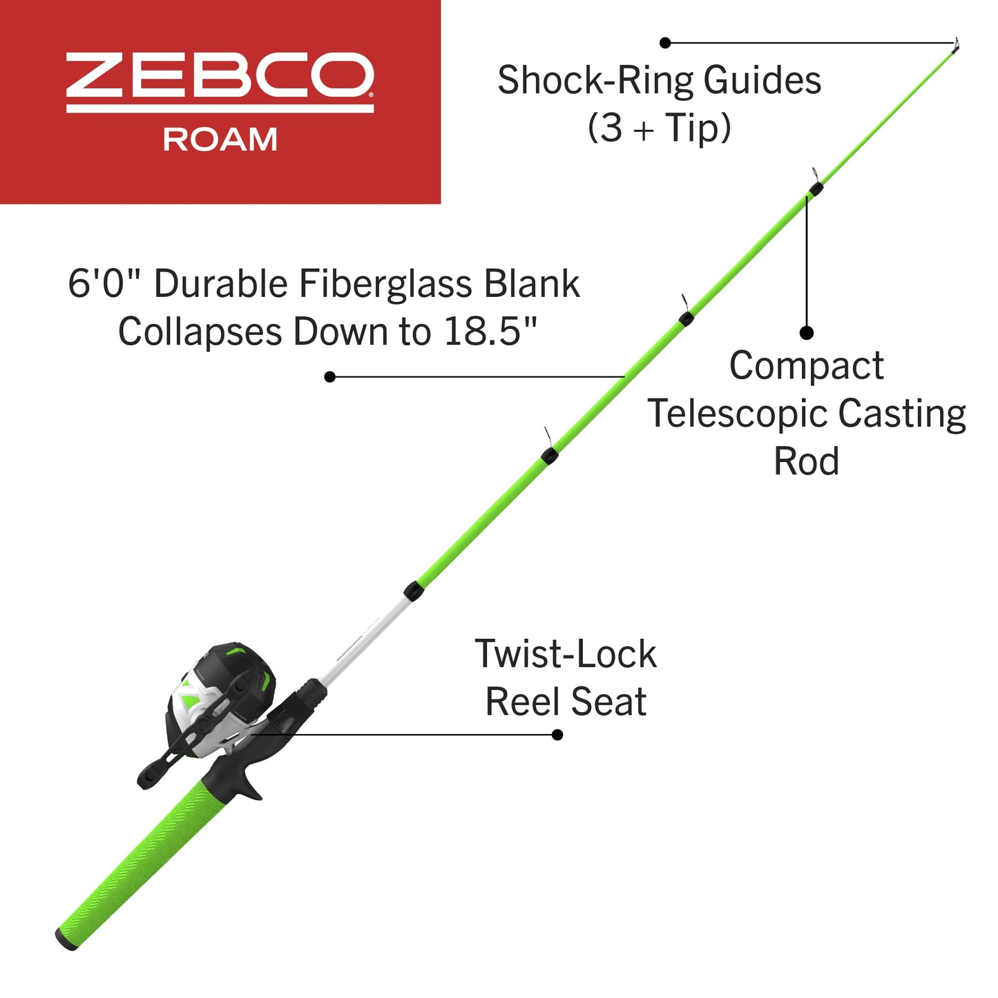 Zebco Roam Telescopic Fishing Rod and Spinning or Spincast Fishing Reel Combo, Durable 6-Foot Fiberglass Rod with ComfortGrip Handle, Pre-spooled with Zebco Cajun Fishing Line