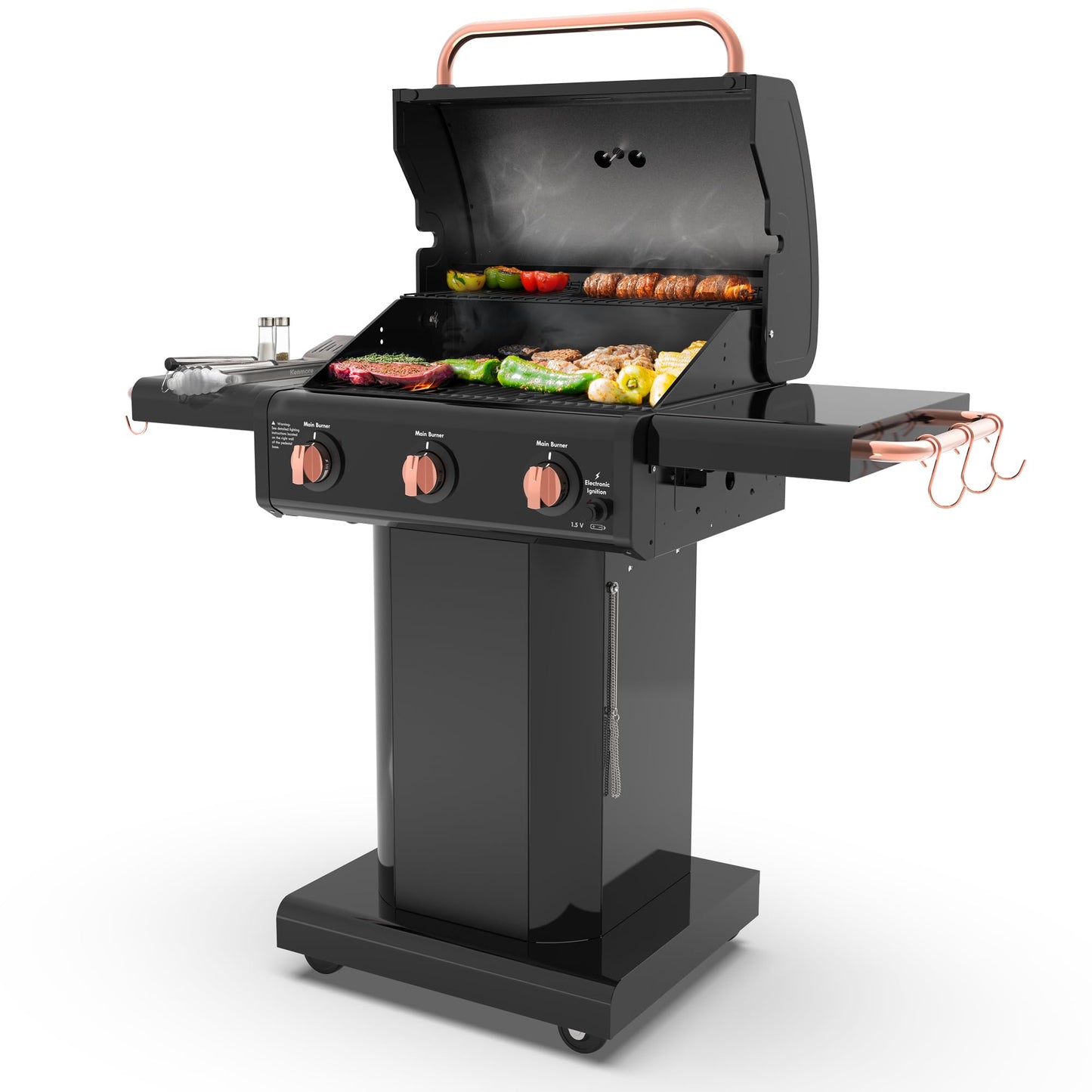 Kenmore 3-Burner Propane BBQ Grill, 30,000 BTUs Gas Grill with Cast Iron Cooking Grates, Folding Side Tables & Wheels, Outdoor Grill with Tool Hooks, Azure Blue