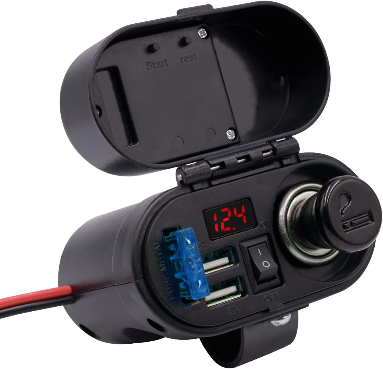 5V/3A Dual USB Charger Socket Waterproof Motorcycle Handlebar & Rear View Mirror Clamp Power Adapter Charger with Cigarette Lighter Socket, Voltmeter for Phones/Tablets/GPS (Black 1)